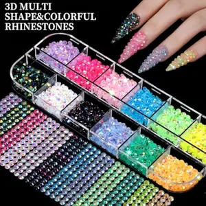 Nail Charms Kit with 8 Boxes of Colorful Flatback Rhinestones 3D Charms for Nails Multi Shape Pearls Jewels for Crafts DIY Nail Art Supplies
