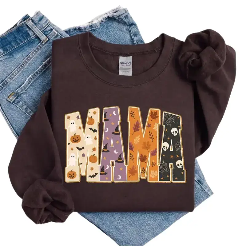 Mama Halloween Sweatshirt Patchwork Spooky Graphic Crewneck Cozy Fall Halloween Vibe