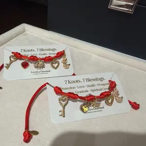 Lovely & Charmed 7 Knot Thread Bracelet with 3 Charms - Adjustable Lightweight Protection Love Strength Balance Unisex Gift