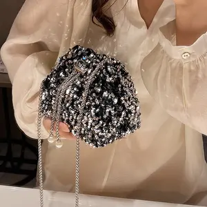 SleekHush Women's Fashion Sequins Bucket Bag Stylish Shoulder Crossbody Bag Glitter Evening Clutch for Party with Pearl Chain Detail