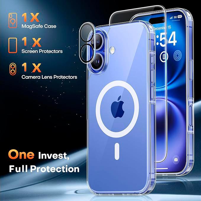Entronix Case for iPhone 16, Plus, Pro Max, Clear Magnetic Cover, Camera Lens & Tempered Glass Screen Protector, Accessories Shockproof