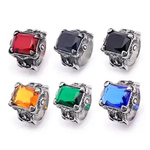 Gold Tone Engraved Mens Stainless Steel Rings with Red Ruby Garnet Color Stone Size 7-13 Norse Viking Warrior Honor Ring