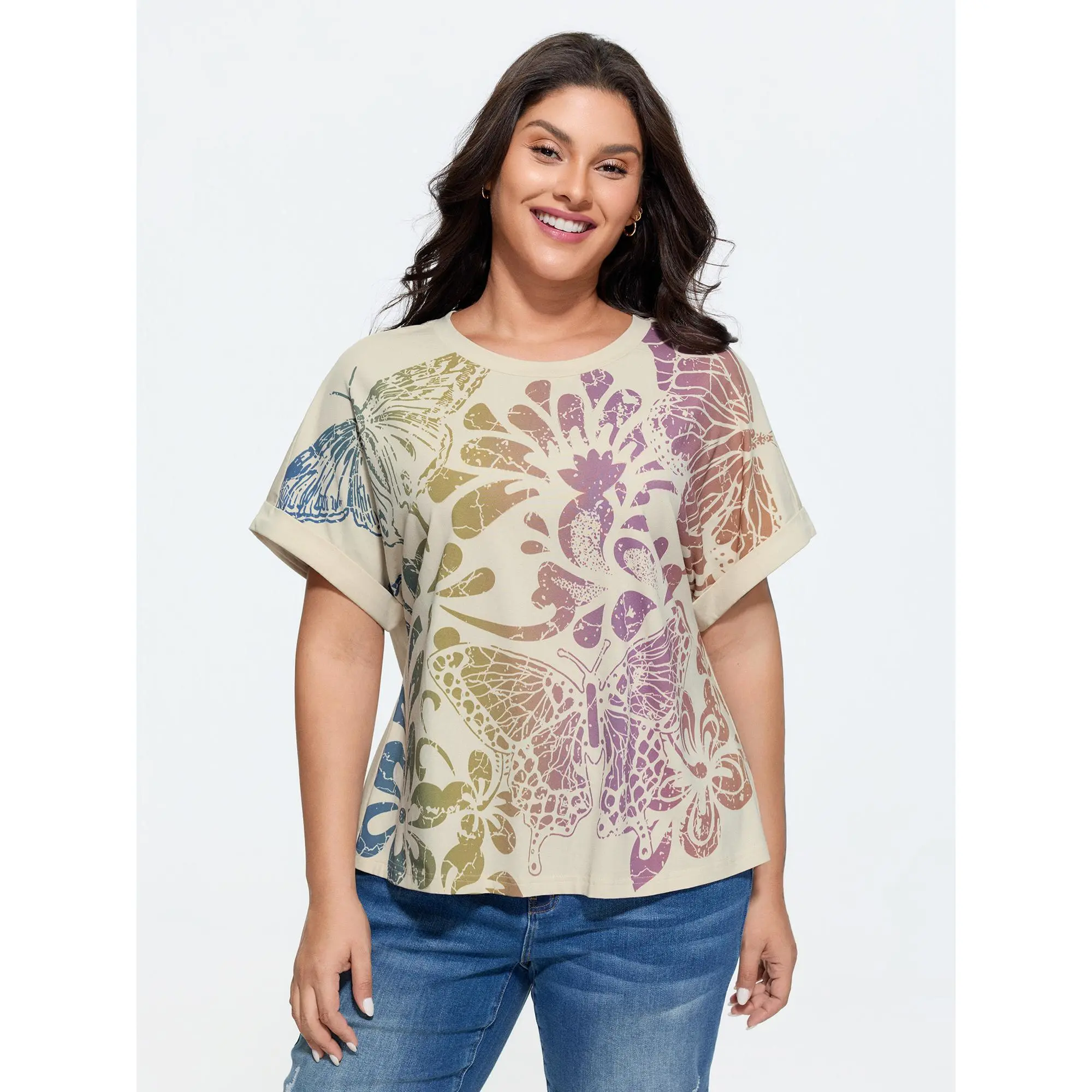 BLOOMCHIC Women's Plus Size Cotton Casual Short-Sleeve Flared T-Shirt - Colorful Floral Print, Summer Lightweight Womenswear, Tops, Garment, Fabric