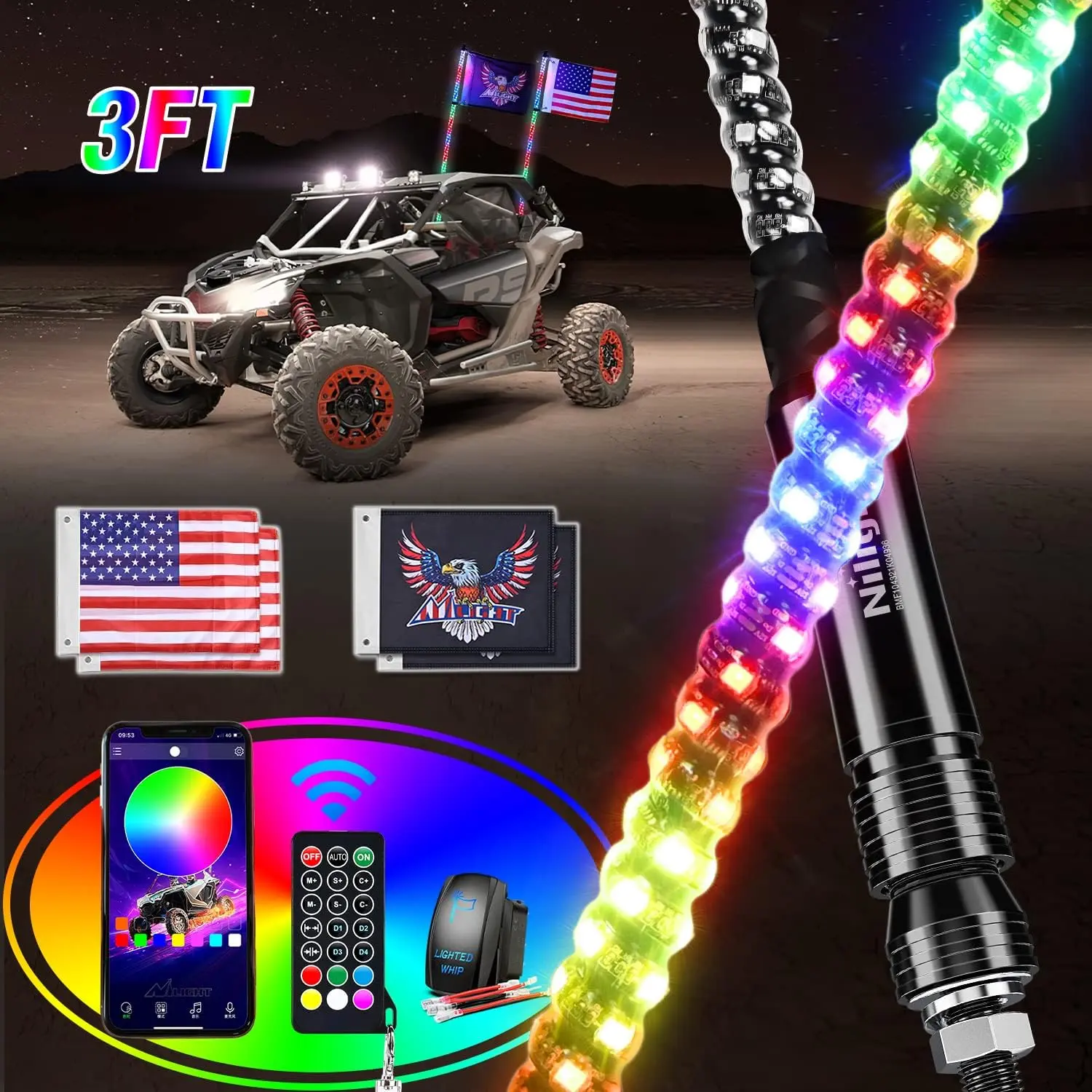 Nilight 2PCS 3FT RGB LED Whip Light, Remote & App Control w/DIY Chasing Patterns Stop Turn Reverse Light Safety Antenna Lighted Whips for ATV UTV Lighting  dealsforyoudays, Adjustable Rgb Lighting, Rgb Led Lights