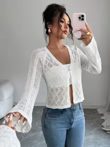 Spring Summer Women's Knit Cardigan with Hollow Design, Chic Elegant V Neck Long Sleeve Beach Cover-Up, Lightweight Solid Color Tunic Knitwear