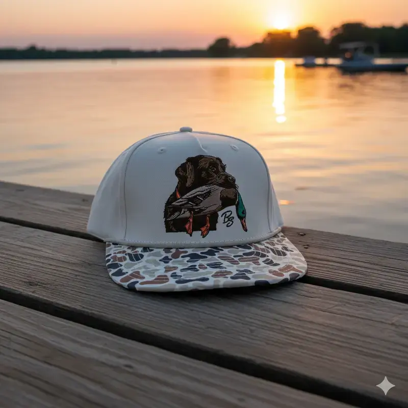 Cream Hunting Snapback Hat Chocolate Lab & Mallard Duck Embroidery Camo Bill Cap Waterfowl Outdoor Style