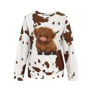 Women’s Vintage Highland Cow Print Sweatshirt – Polyester Knit Fabric, Casual Crewneck Hoodie with Animal Pattern, Fall/Winter Collection