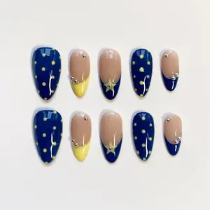 Blue Polka Dot Press On Nails, Star Accents, Almond Shaped W2S6A8