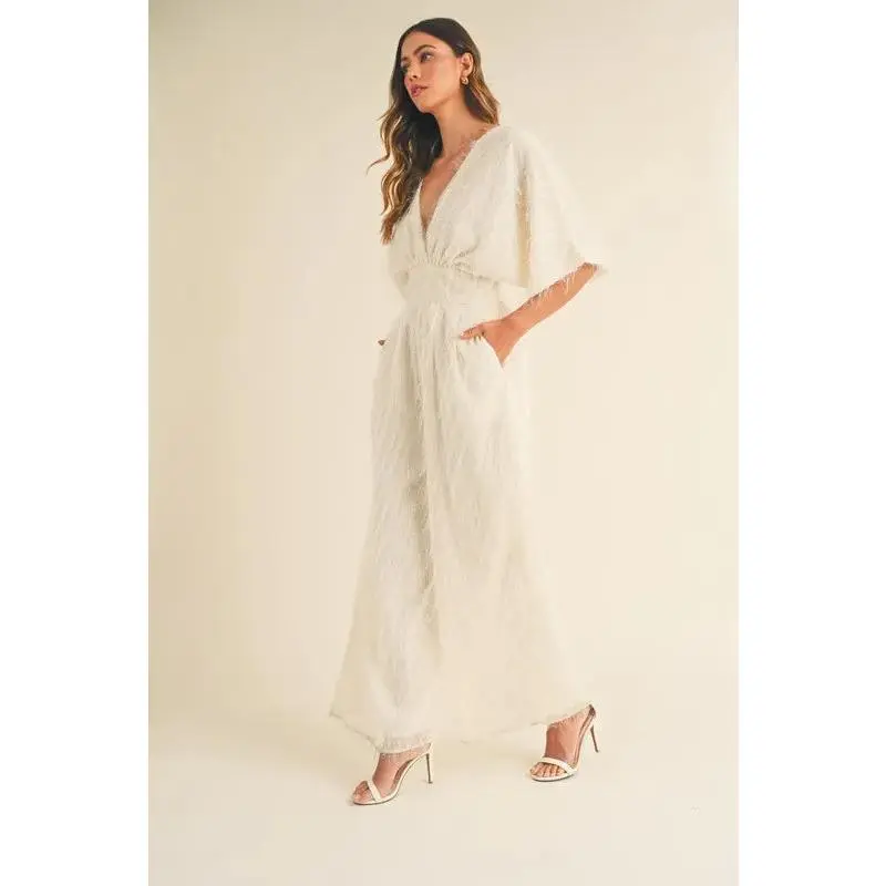 MABLE Fluffy Deep V Neck Wide Leg Jumpsuit