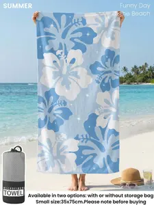 1pc Printed Beach Towel, Swimming Towel, Bathroom Towel, Fashionable Beach Towel, Blue Floral Pattern, Super Absorbent Bathroom Towel Suitable For Bathroom, Swimming, Fitness, Yoga, Soft And Comfortable Microfiber Material, Lightweight And Portable, Wind
