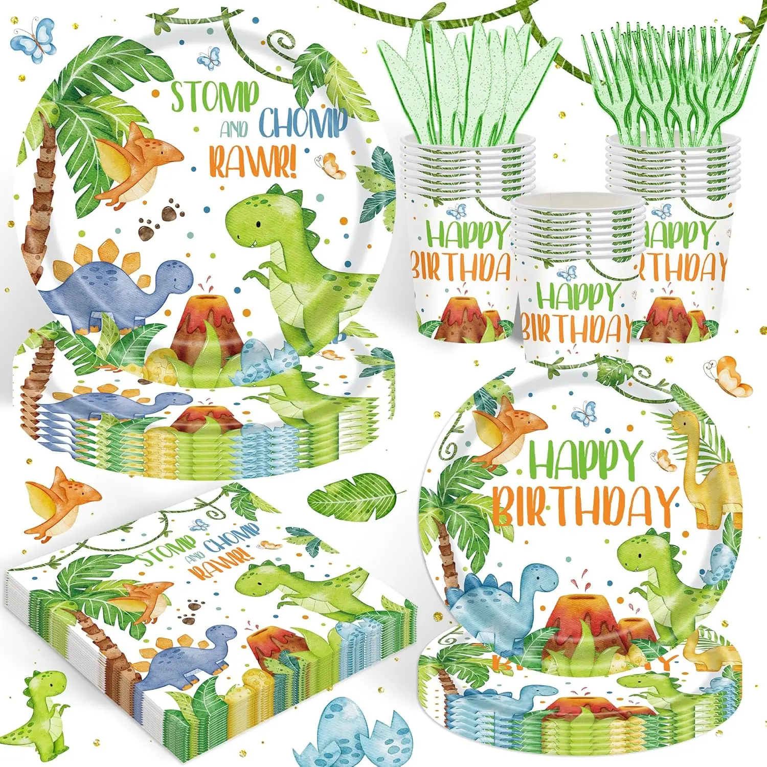 120 count Dinosaur Party Supplies for Boys Girls 1st  First Birthday Party Watercolor Dinosaur Theme Party Decorations Three Rex Dino Tableware Set Plates Napkins Cups Set for 20 Guests