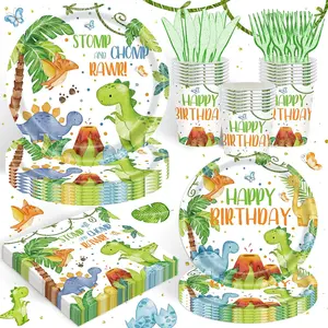 120 count Dinosaur Party Supplies for Boys Girls 1st  First Birthday Party Watercolor Dinosaur Theme Party Decorations Three Rex Dino Tableware Set Plates Napkins Cups Set for 20 Guests