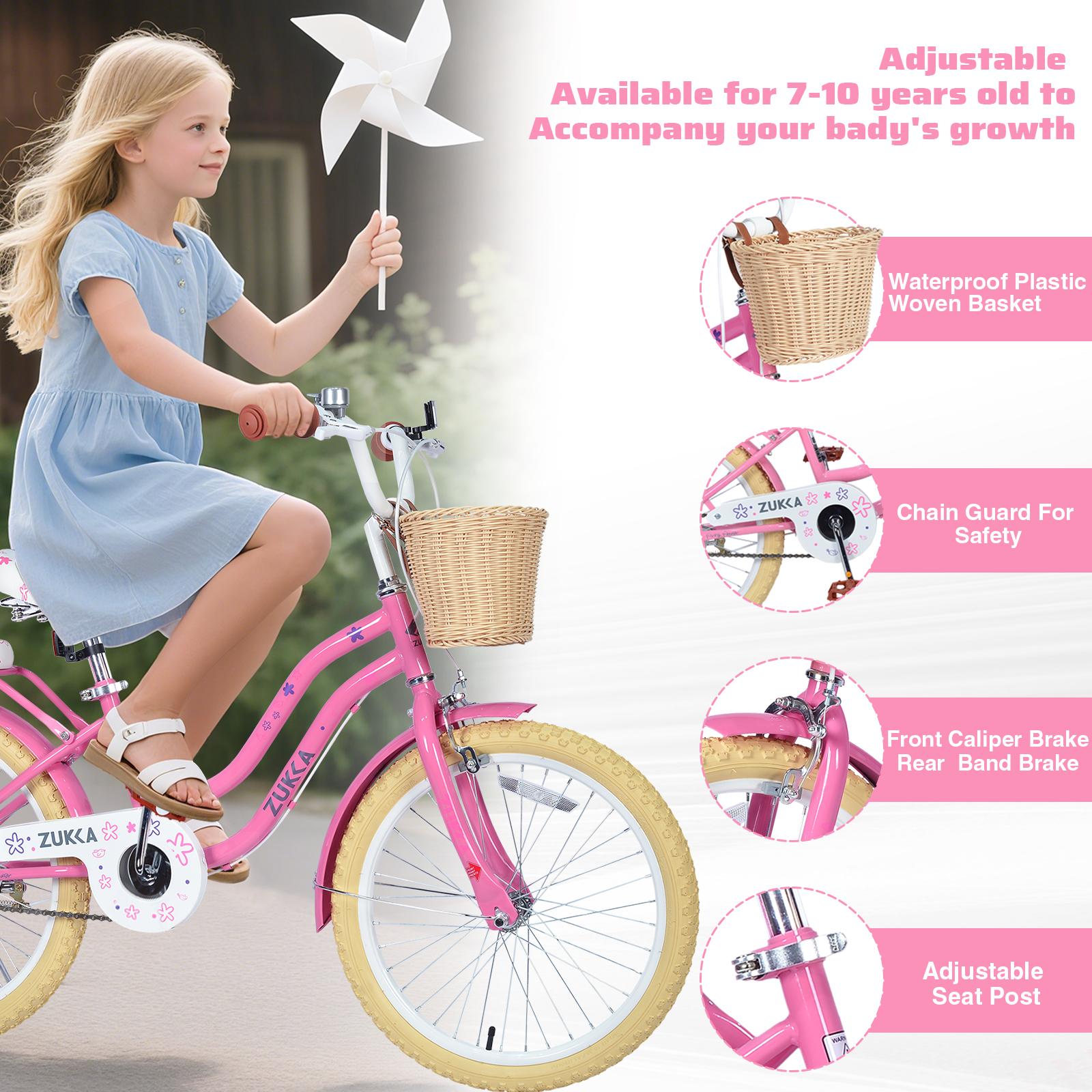 20" Kids Bike for Ages 7-10 with Adjustable Seat & Height，Multiple Colors outdoor bike with Durable Steel Frame + Front Caliper & Rear Band Brakes for Safe Stopping | Chain Guard,Waterproof Woven Basket | Comfortable Saddle,ideal for Outdoor Riding