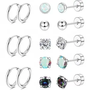 Fashionable Stainless Steel Earrings Set 8 Pairs Rhinestone Decor Stud Earrings Hoop Earrings for Women Men,Trendy All-Match Exquisite Jewelry for Birthday Gift,Earrings Stud