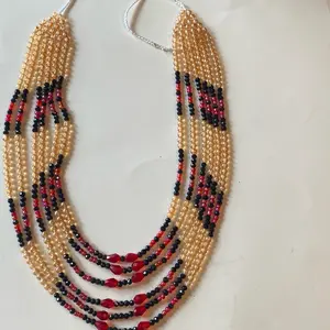 Gold Necklace with Beaded Design and Red and Black Accents, Adjustable Chain