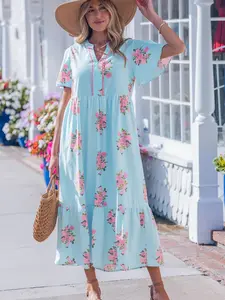 Women's Casual Floral Print Maxi Dress - Pull-On Short Sleeve (Shortsleeve) Dress with Flutter Sleeves, Tiered Bohemian (Boho) Design, Notched Neckline