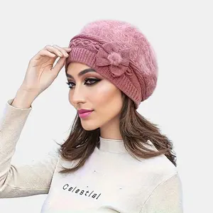 Bow Decor Plush Beret Hat – Windproof Lightweight Knitted Winter Hat with Ear Guard for Women, Warm Outdoor Headwear
