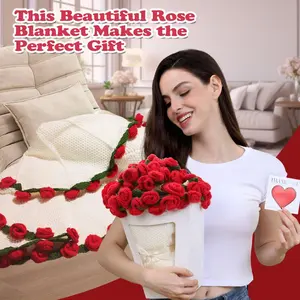 [Mother's Day] Finished Flower Bouquet Blanket Handmade Crochet Flower Blanket, Rose Bouquet Blanket, Soft Knited Throw Rose Blanket, Romantic Gift for Birthday Wedding Valentine's Day Mother's Day Christmas for Mom Girls and Sisters