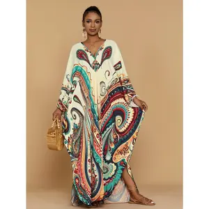 Kaftan Dresses for Women Bohemian Printed Four-sided Elastic V-neck Beach Coverup Bat Sleeves Kaftan Robe Casual Home Vacation Plus Size Swimwear Coverup Ethnic Style Plus Size Dress