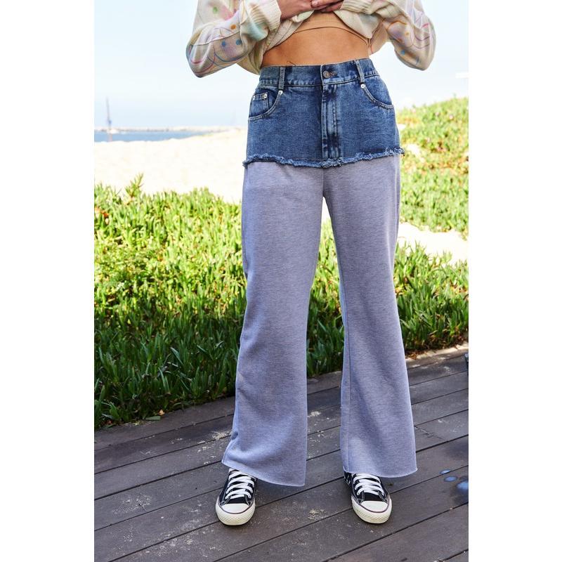Davi & Dani Raw Hem Denim Patchwork Wide Leg Pants