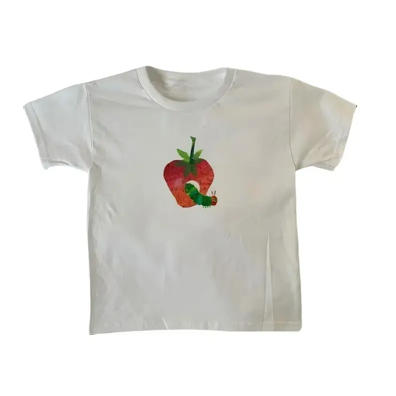 Women's Stylish Short-Sleeve Graphic Simple Kawaii Streetwear Caterpillar Eating Strawberry Casual T-Shirt, Shortsleeve, Tshirt, Jeans, Print, Crew Neck, Everyday, Tee, Fabric, Top
