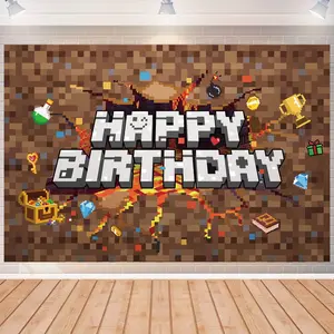 Pixel Birthday Decorations, 5x3 ft Happy Birthday Banner Backdrop for Miner TNT & Pixel Themed Celebration  Boys  Party Supplies