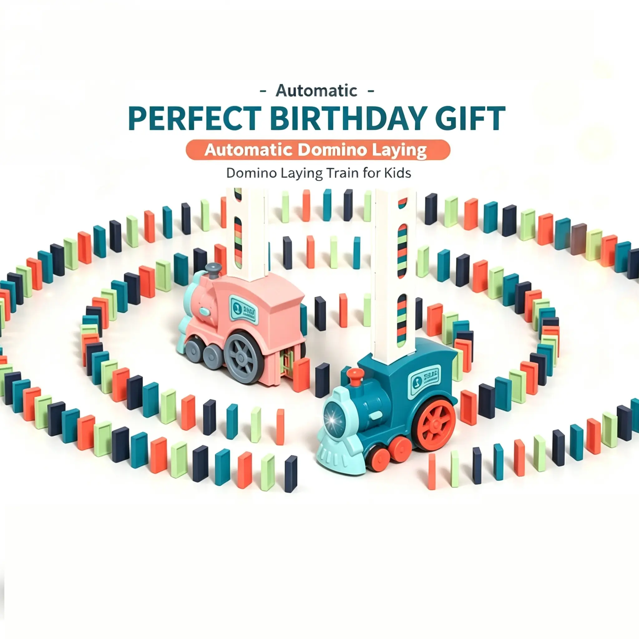 Electric Domino Train Toy Set with Sound and Light, Automatically Places Dominoes, Automatic Domino Train, DIY Creative Battery Powered Toy, Plays Music, Toys for Boys And Girls, Ideal Holiday & Birthday Gift (60 Dominoes, Batteries Not Included)