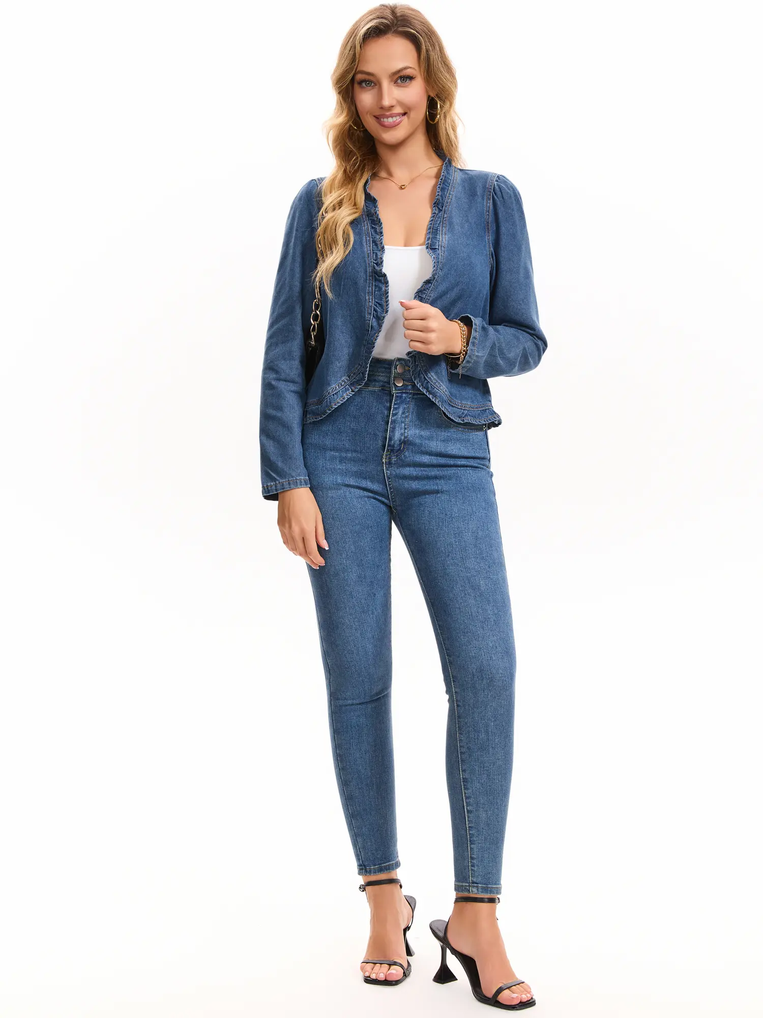 INSPIRE CHIC Women's Ruffled Denim Jacket Long Sleeve Open Front Jean Jackets for Spring Fall Outfits