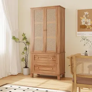 Kitchen Pantry Storage Cabinet, Tall Cupboard Cabinet with Rattan Doors and 2 Drawers Adjustable Shelves Utility for Kitchen Dining Room, Walnut