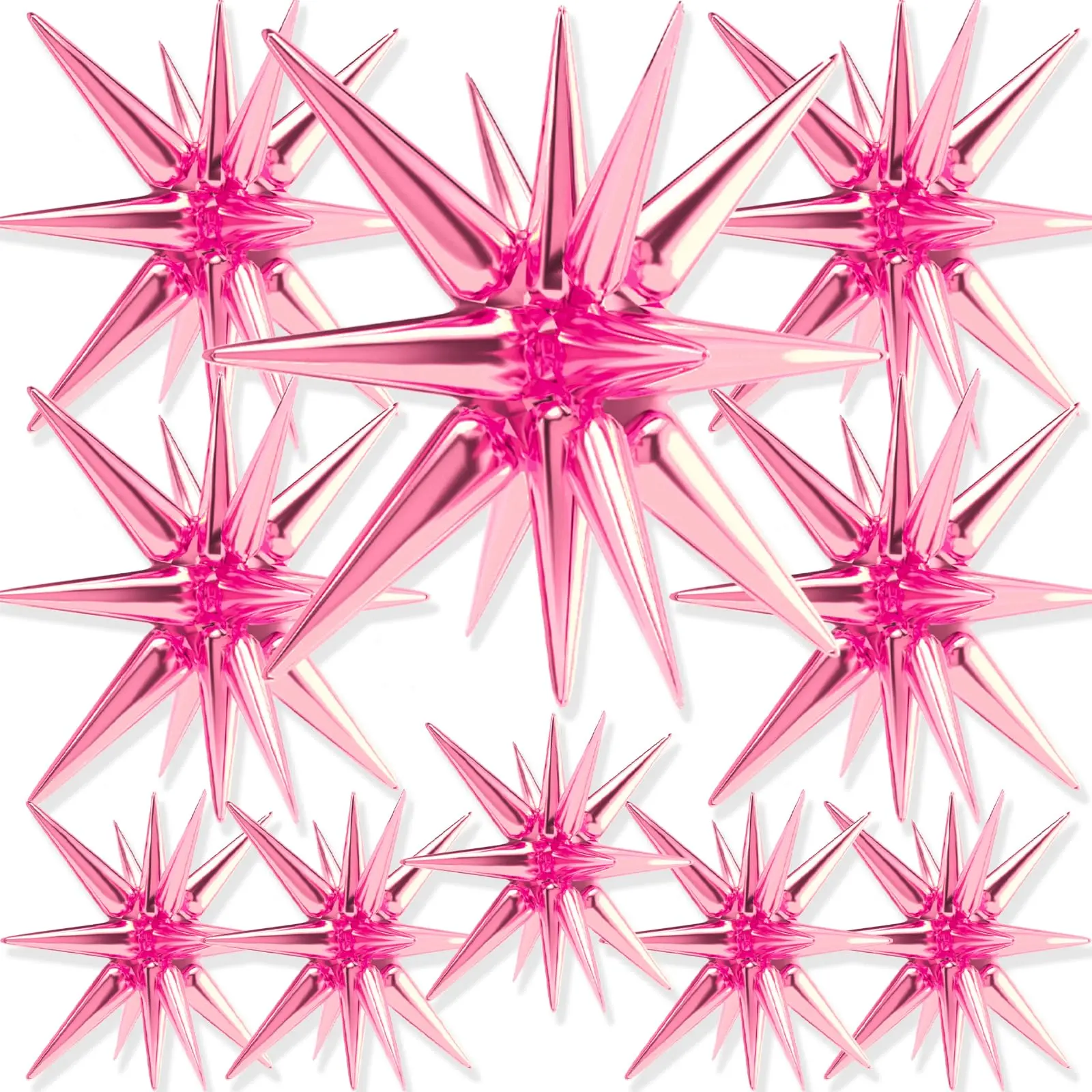 PartyWoo Metallic Pearl Pink Star Foil Aluminum Decorative Balloons, 10pcs Assorted Sizes (42in,27in,22in) Explosion Spike Mylar Pack - Foil Balloons for Birthday Theme, Festive Colorful Decorations, Decorative Balloons Balloons, Balloon Balloons