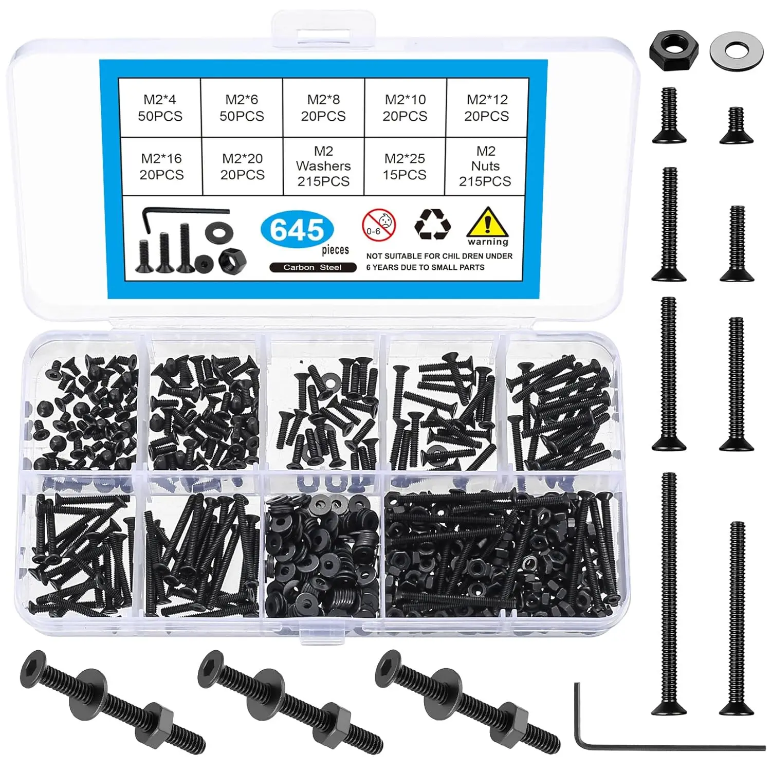 645 count M2 Metric Screw , Flat  Machine Screw  Kit, Countersunk Hex Socket Cap Screws Set, Black Countersunk  and Nuts Set with Washers & Wrench