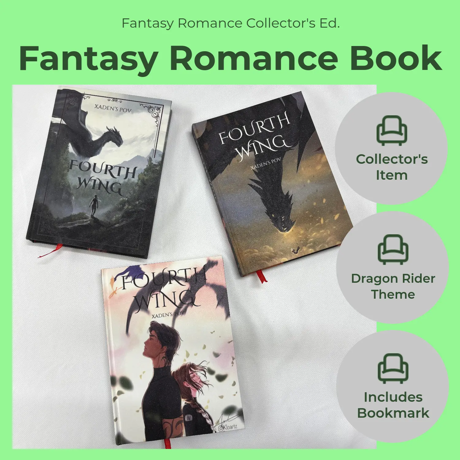 Fourth Wing Inspired Xaden POV Hardcover Book, Fantasy Romance Edition with 3 Cover Options and Bookmark