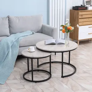 Nesting Coffee Tables Set of 2 Grey Round Stacking Tables with Metal Frame for Living Room