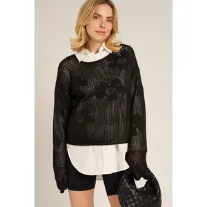 The Black Flower Pattern Crochet Sweater