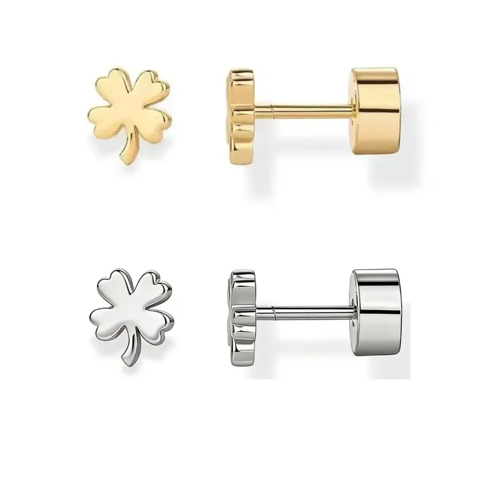 Lady's 14K gold-plated 925 sterling silver stud earrings, in a fashionable four-leaf clover design, suitable for daily wear and events such as parties.