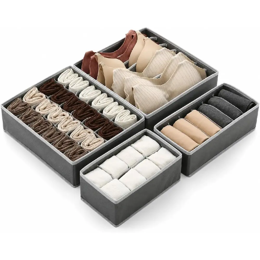 4 Pack Foldable Drawer Organizer Dividers, Fabric Underwear Socks Bra Drawer Storage Bins, Closet Dresser Drawer Organizer Trays for Lingerie, Panties, Ties, Belts, Small Clothing & Household Accessories