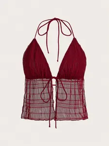 MALINDA Split Hem Tie Backless Mesh Halter Y2k Top