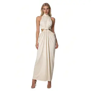 Beige Knot Front Cutout Halter Bandage Maxi Dress, Sleeveless Ruched Bodycon Evening Gown for Women, Sizes XS-L