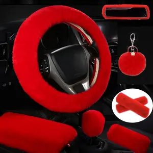 Cute  Steering Wheel Cover Set, Warm Soft  Fuzzy Steering Wheel Covers for Women/Girls,Universal 15 Inch 1 Set 8 count Furry  Accessories (Red)