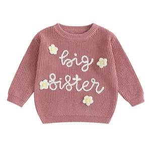 Baby Girl Big Sister Sweater Long Sleeve Round Neck 3D Flower Letter Embroidery Knit Pullover Toddler Tops for Sister Matching Outfit