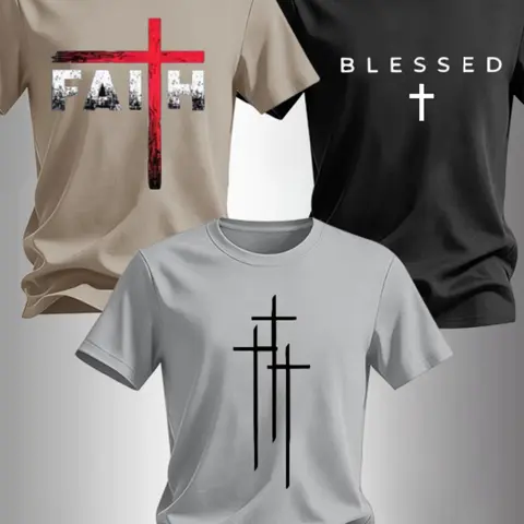 Men's 3-Pack Classic Cross Print Round Neck Short Sleeve T-Shirts, Religious Graphic Casual Christian Streetwear for Daily Wear