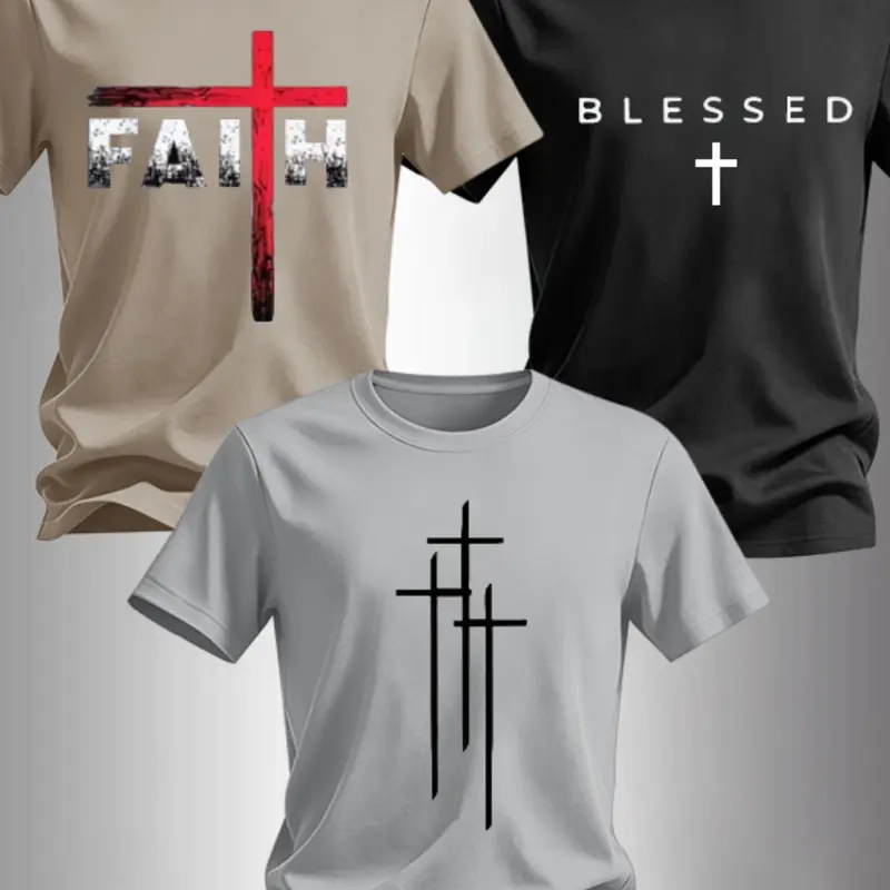 Men's 3-Pack Classic Cross Print Round Neck Short Sleeve T-Shirts, Religious Graphic Casual Christian Streetwear for Daily Wear