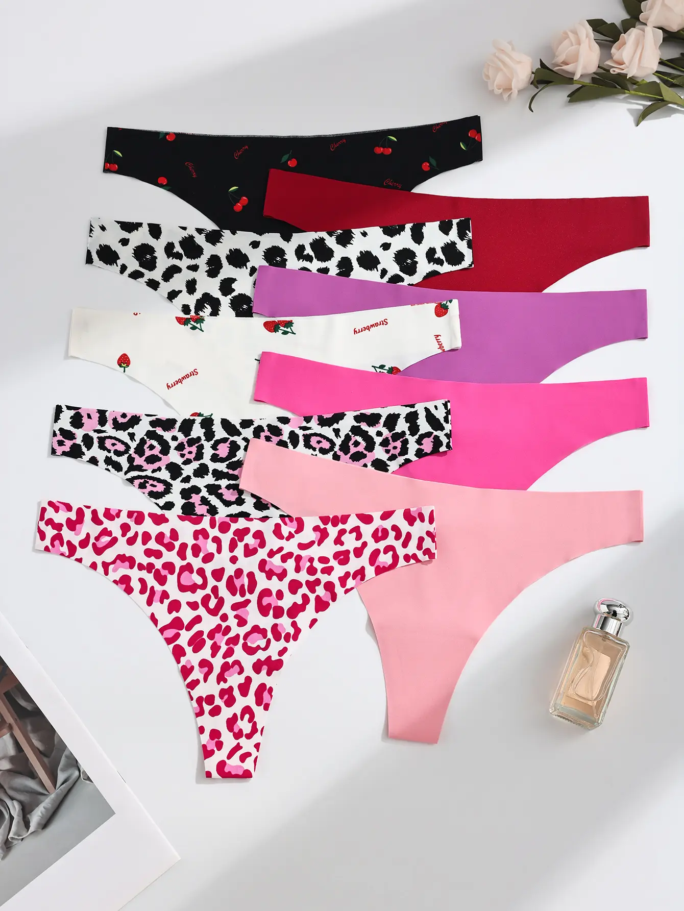Hotcom 9Pcs Women's Thong Panties Solid Color Leopard Print Soft Comfy Breathable Seamless Drop Waist Underwear for Daily Wear All Seasons Collection scallop trim thong Fit Style