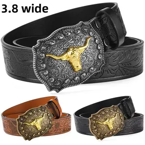 Western cowboy belt, new style with large bull head buckle, trendy youth belt, American street style outerwear belt