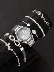6-piece set of trendy fashion letter circle watch frames, luxury ladies' quartz wristwatch set