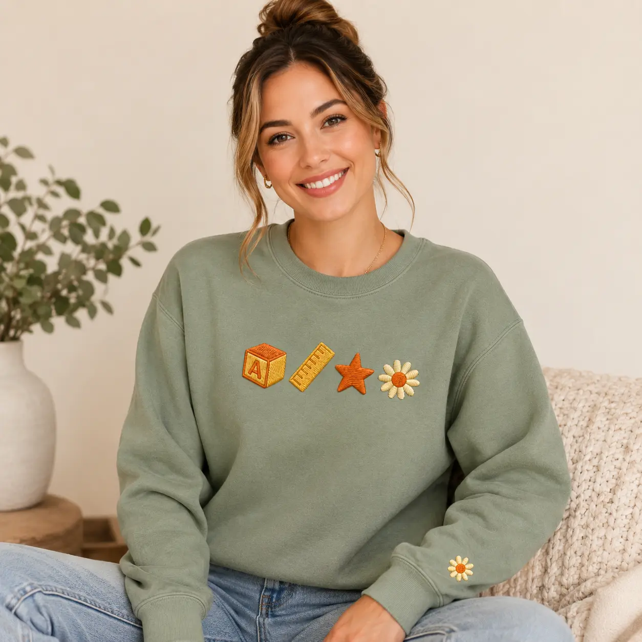 Teacher Embroidered Sweatshirt for Women, Sage Green School Icons Crewneck, ABC Block Ruler Star and Daisy Design, Minimalist Classroom Long Sleeve Pullover, Cute Educator Fall Outfit