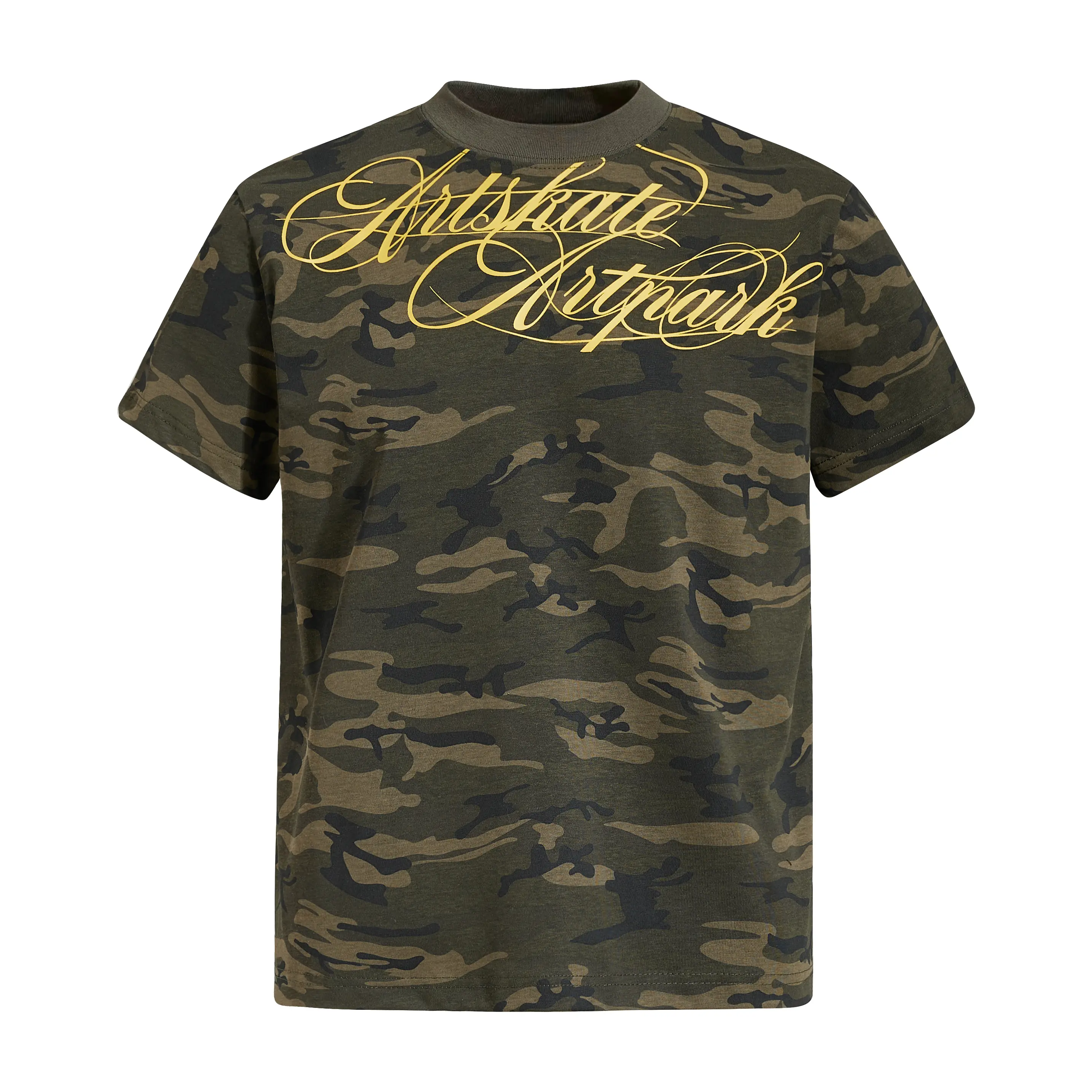 inflation Men's Streetwear Vintage Camouflage Cotton Graphic Tee, Loose Fit Round Neck with Golden Cursive Print, Menswear, Streetwear Clothing, Graphic Shirts, Vintage Graphic Tees, Oversized T Shirt
