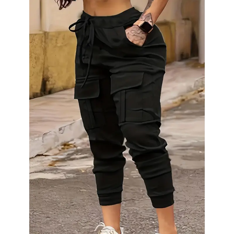[Stretchy Fit] Women's Plus Size Solid Black Joggers - Stretchy Polyester & Elastane Blend, Tapered Fit with Drawstring Waist & Pockets, Comfortable All-Season Wear