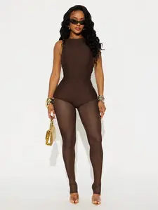 Women's Sexy Patchwork Mesh Jumpsuit, Slim Fitted Long Sleeveless One-Piece, Plain Color, Fashionable and Comfortable Womenswear