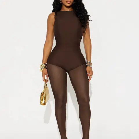 Women's Sexy Patchwork Mesh Jumpsuit, Slim Fitted Long Sleeveless One-Piece, Plain Color, Fashionable and Comfortable Womenswear, Skinny Jumpsuit, Fit Jumpsuits